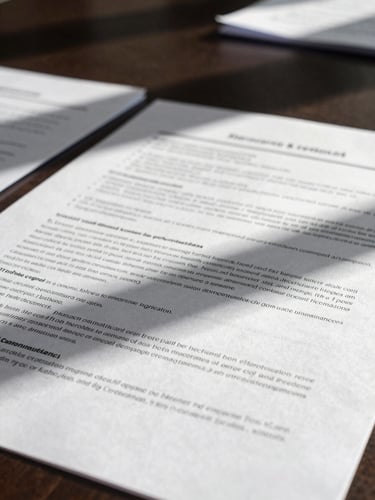 Close-up of a printed term sheet and annotated contract pages spread across a dark conference table, bright north-facing daylight casting sharp shadows across the document edges, financial figures and clause text visible but cropped for confidentiality