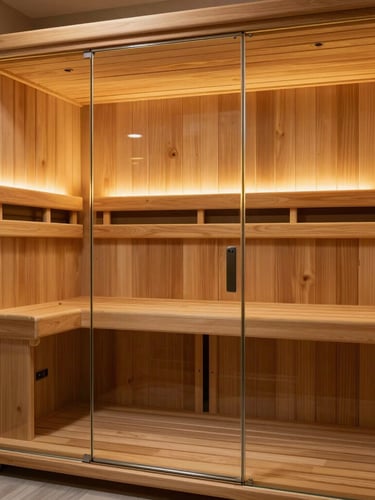 A premium infrared sauna cabin interior, featuring clean light cedar wood, glass panels, and soft golden infrared heating elements.