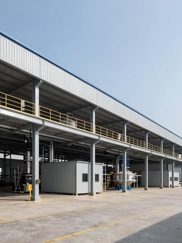 Wide-angle architectural view of a modern logistics and processing facility, clean steel structures, bright daylight, high-contrast corporate environment.