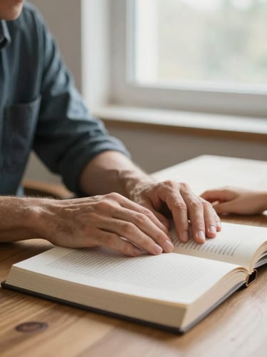 Close-up of a mentor's hands and a child's hands resting side by side on an open book, soft overcast north-facing window light, minimal wooden table surface, calm and unhurried atmosphere, faces out of frame.