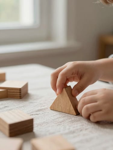 Close-up of a child's hands arranging wooden geometric forms on a pale linen surface under soft north-facing window light, fingers precise and deliberate, calm and unhurried, no face visible, shallow depth of field with the background a blur of pale ivory