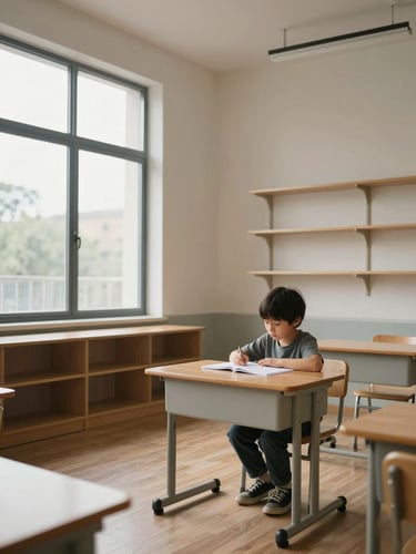 Wide interior of a spare, minimal classroom bathed in north-facing natural light — a child seated alone at a low wooden desk, hands resting on an open notebook, face turned slightly away in deep concentration. Pale walls, empty shelves, calm overcast daylight from tall windows on the left.