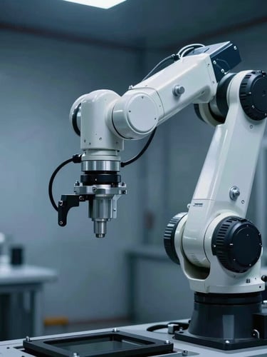 Close-up of a robotic automotive assembly arm under cool white and blue technical lighting, high-contrast shadows, industrial environment.