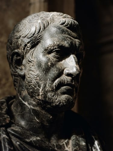 Striking portrait of a heavy, dark marble sculpture emerging from deep shadows, dramatic single-source window light from the left, highlighting carved veins and ancient dust, set against a dark, moody background, 35mm