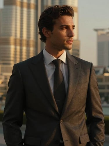 Chiaroscuro portrait of a well-dressed man in a tailored charcoal suit, warm golden-hour side lighting, luxury Dubai architecture out of focus in the background, 35mm cinematic fashion photography