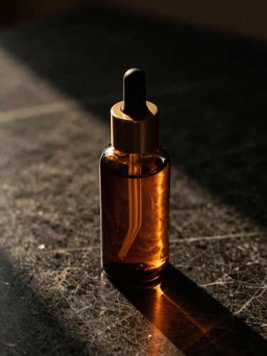A close-up of a premium amber glass skincare bottle on a dark textured marble surface, warm golden-hour light casting long shadows, cinematic, 35mm.