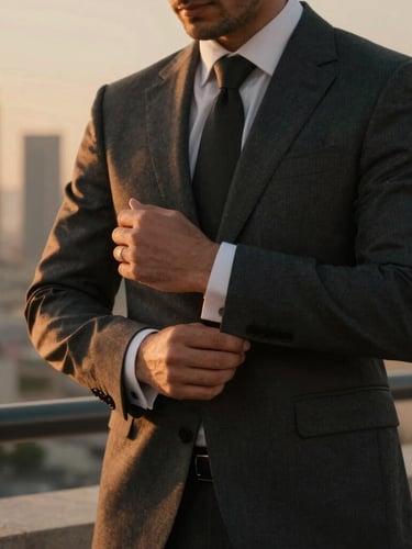 A well-dressed man in a tailored charcoal suit adjusting his cuffs, warm amber backlight casting a subtle glow, elegant Dubai skyline blurred in the background, 35mm.
