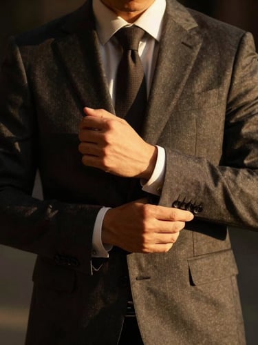 Portrait of a refined man in a tailored charcoal suit, adjusting his cufflink, warm golden hour sunlight casting dramatic shadows, shallow depth of field.