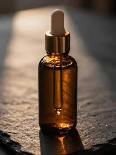 Macro close-up of a premium amber glass skincare dropper bottle on dark slate, soft dramatic golden hour light reflecting off the liquid, shallow depth of field, 35mm.