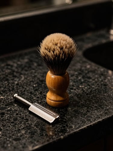 A luxury sandalwood shaving brush and steel razor resting on a textured dark charcoal marble counter, low-key chiaroscuro lighting, 35mm.