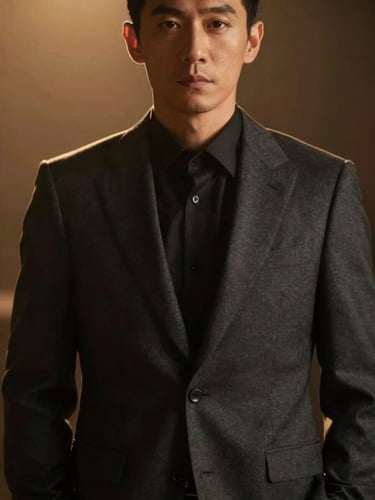 Low-key dramatic portrait of a sharp-jawed man in a tailored charcoal suit, warm amber backlighting, shallow depth of field, 35mm