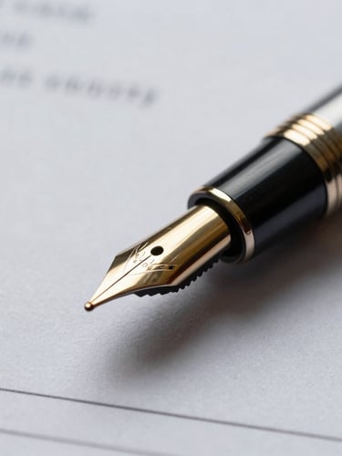 Macro close-up of a classic fountain pen resting on high-quality financial documents, controlled low-key indoor lighting, sharp focus on the gold nib, sophisticated atmosphere.