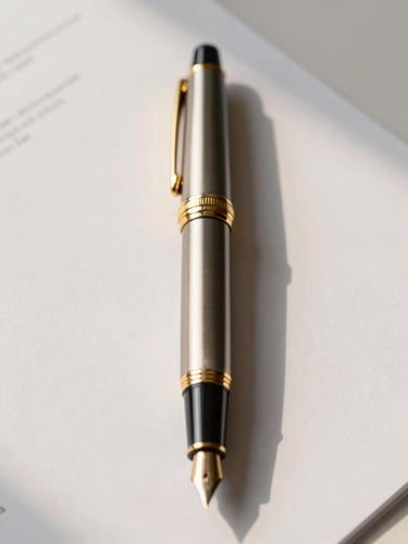 Symmetrical portrait close-up of a classic fountain pen resting on structured financial documents, sharp architectural shadows, warm champagne gold lighting accents, minimal background.