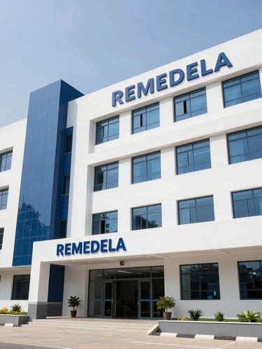 Bright clinical photography of the modern architectural facade of REMEDELA Hospital in Khunti, clean daylight, professional and reassuring atmosphere.