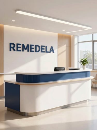 Bright clinical photography of REMEDELA hospital's main reception desk, clean polished floors, warm natural light, professional navy and white accents.