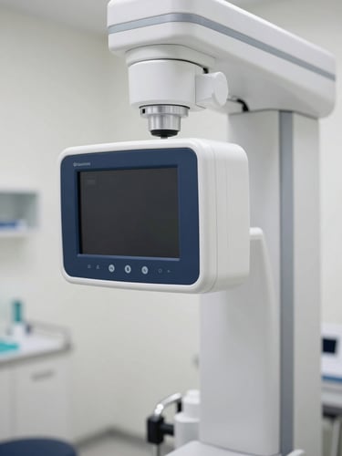 Close-up of modern digital X-ray equipment in a brightly lit, clean clinical room, sharp focus, professional high-end medical environment.