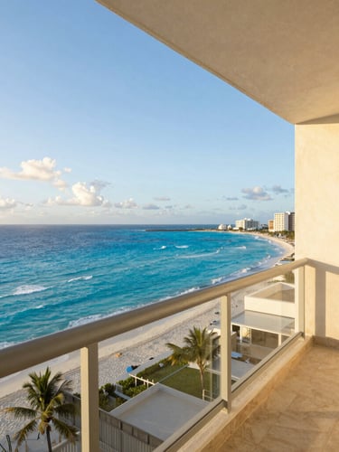Bright editorial photo of a modern oceanfront suite balcony in Cancun, turquoise Caribbean sea background, warm afternoon light
