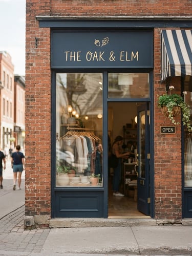 A warm, daylight-filled shot of a local Ottawa boutique storefront with brick framing, soft shadows, elegant gold lettering on the window, portrait orientation.