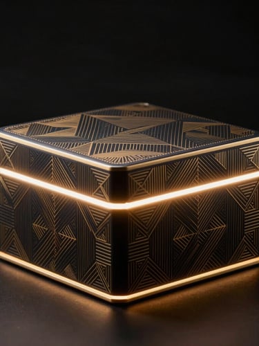 Cinematic studio shot of luxury dark-mode product packaging with intricate gold-foil geometric patterns, glowing under sharp rim lighting against a deep black background.