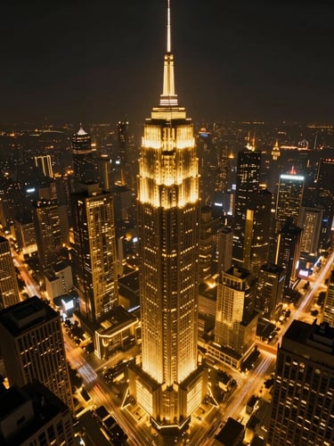 Cinematic environment concept art of a towering golden megacity at night, glowing light trails, deep black architectural chasms, atmospheric haze.