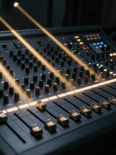 A close-up of a professional technical production console, glowing faders, sharp golden light beams cutting through deep anthracite shadows, dramatic architectural lighting, 35mm.