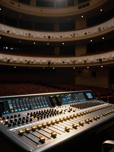 Dramatic 35mm chiaroscuro shot of a state-of-the-art sound console during setup in an empty luxury auditorium. Sharp gold light reflecting off metallic faders, deep shadows, architectural precision.