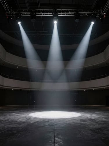 Extreme wide-angle architectural photography of a massive empty luxury venue during technical setup, sharp champagne light beams cutting through deep anthracite shadows, 35mm