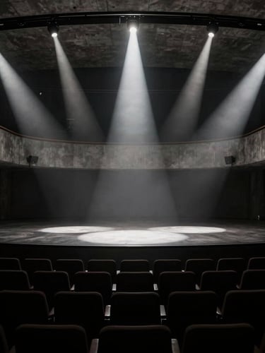 Dramatic empty high-end auditorium during technical setup, sharp spotlights casting geometric patterns on dark concrete, high-contrast chiaroscuro, 35mm