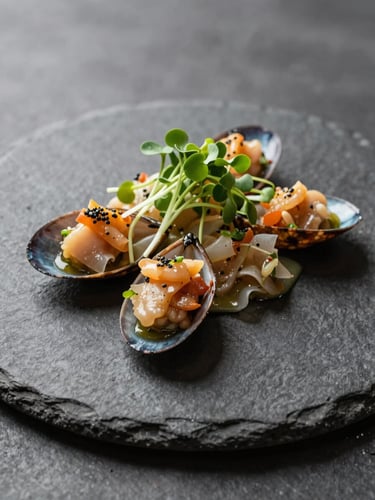 Artistic presentation of a modern seafood dish on a custom dark stone plate, micro-greens, natural side lighting, editorial food photography.