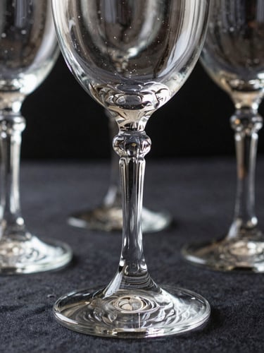 Extreme close-up of crystal wine glasses on a dark linen tablecloth, low-angle light catching the ribbed glass, editorial styling.