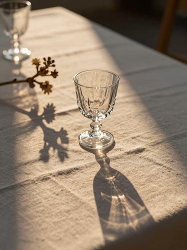 A close-up vertical shot of a minimalist table setting during golden hour, long shadows stretching across linen fabric, crystal glass reflecting warm light, a single sculptural floral branch