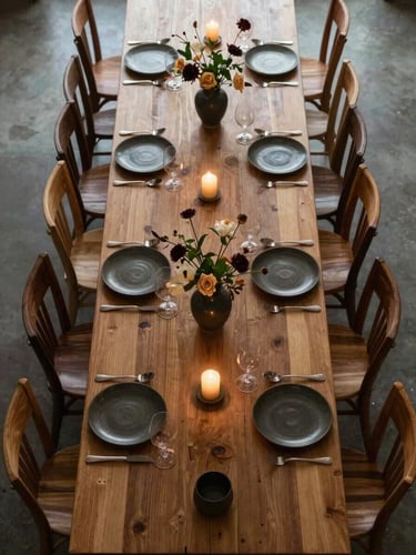 Top-down view of a long banquet table, custom oak chairs, dark ceramic plates, minimalist floral arrangements, warm candle light.