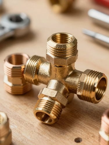 Close-up of clean brass valves and copper pipe fittings on a wooden work surface, bright natural light, professional plumbing tools in the background