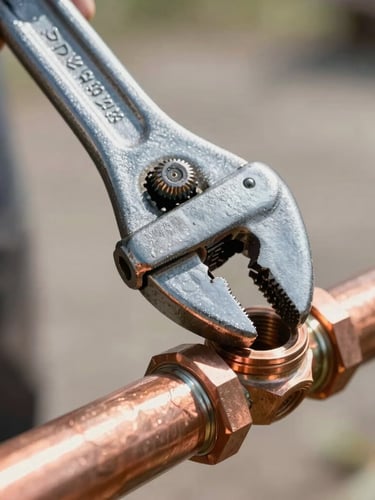 Close-up of a professional pipe wrench tightening a clean copper pipe fitting under bright, natural daylight, sharp focus on the metallic texture.