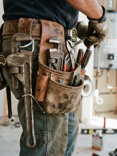 Close-up of a professional plumber's tool belt with heavy-duty wrenches, bright daylight on a residential job site, 35mm photography