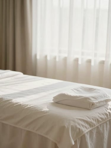 Wide environmental shot of a serene, sunlit residential room with a professionally set up massage table, crisp white linens, soft warm daylight, shallow depth of field