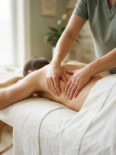 Close-up of hands performing precise myofascial release therapy on a client, crisp white linens on a portable table, soft diffused window light, warm editorial photography