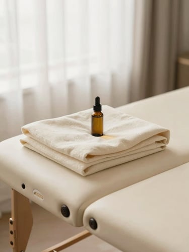 A portable massage table neatly set up in a serene room with crisp folded cream linens and a small bottle of oil, soft diffused window light