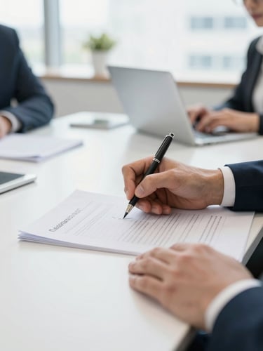 Close up of hands writing notes on a document during a professional development workshop, bright natural daylight, clean office setting