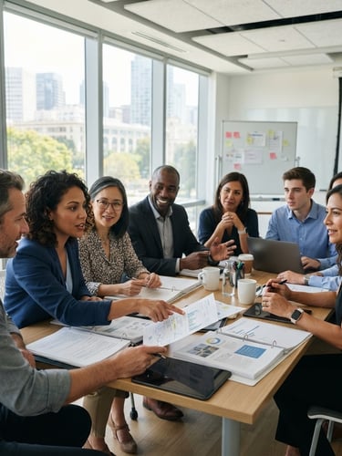 Bright corporate classroom setting, diverse California professionals collaborating over documents, natural daylight, crisp focus