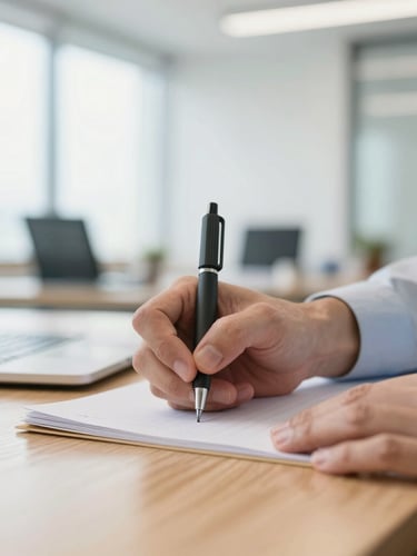 Close-up of focused professional hands writing and using technical tools on a wooden desk in a bright, modern office with natural light