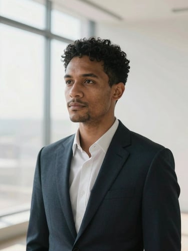 A striking, unposed portrait of a diverse professional looking thoughtfully off-camera, bathed in soft, diffused natural daylight from a large window, clean minimalist architectural lines in the background.