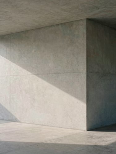 Soft diffused daylight hitting a minimalist concrete architectural corner, expansive negative space, calm tones, editorial framing