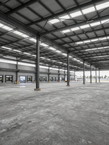 Wide environmental shot of a completed industrial warehouse complex—steel structure and concrete floor fully resolved, loading docks visible, site perimeter fenced, available daylight, no workers or people, documenting finished scope from ground level