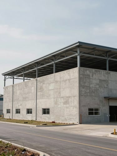 Wide-angle exterior of a completed large-scale industrial warehouse complex, concrete tilt-up panels and steel roof structure visible, midday overcast light, flat site with access roads in foreground, no people