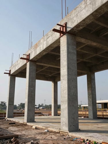 Wide environmental shot of a completed industrial structure, concrete columns and steel connections in sharp focus, daylight illuminating the finished facade from the left, open site landscape visible in the background, no people in frame
