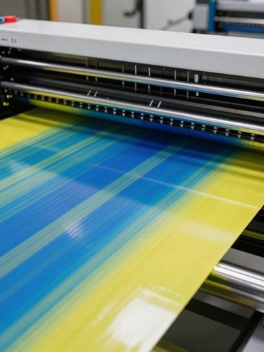 Tight macro shot of a massive industrial print plotter head laying down vivid UV-resistant inks on heavy-duty vinyl.