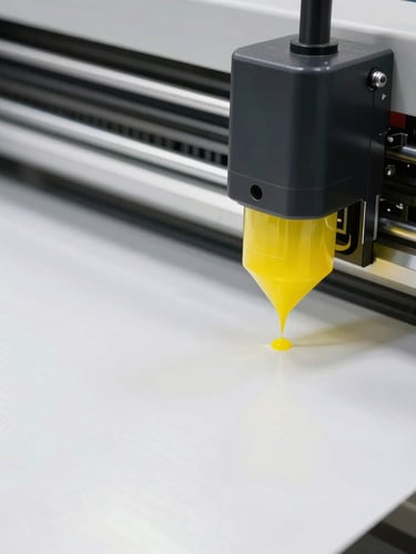 Close-up of an industrial large-format printing plotter in action, bright yellow ink droplets on heavy white vinyl, sharp details, macro lens, 35mm