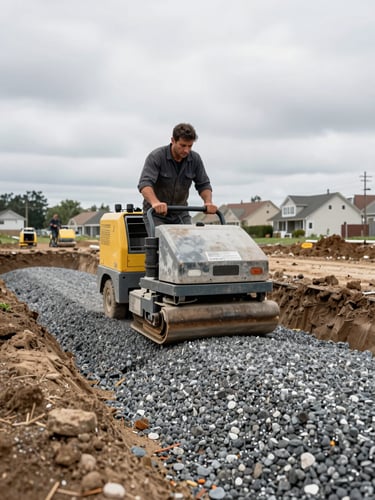 Wide documentary shot of a fresh gravel subbase being compacted by a plate compactor on a residential site, worker visible from mid-torso down operating the machine, overcast daylight, raw earth visible at the trench edges