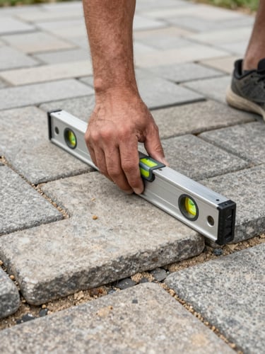 Close-up of weathered hands pressing a spirit level across freshly laid interlocking pavers on a residential driveway, overcast natural daylight revealing the true grey-beige tones of the stone, sand and base material visible at the edge